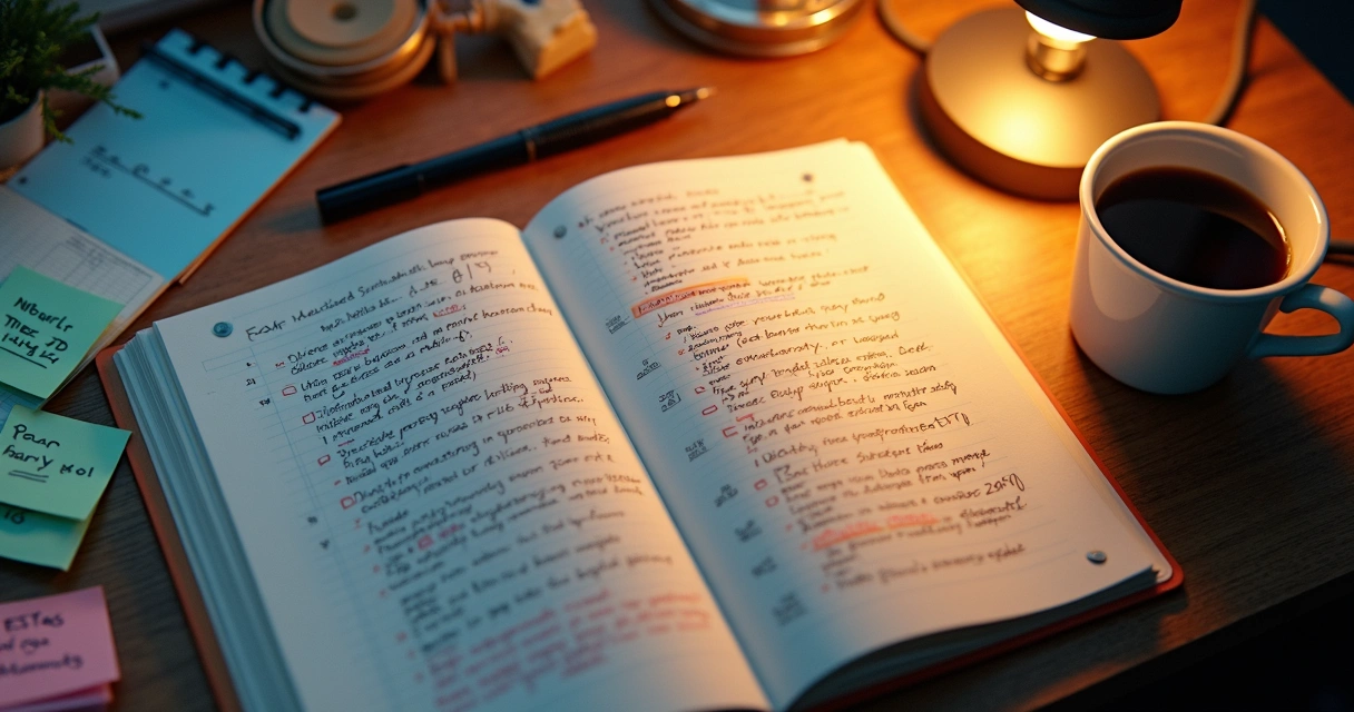 Caderno aberto com anotações e calendário de revisões
