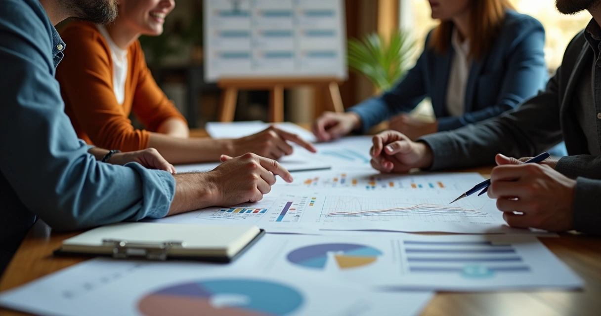 Equipe revisando controle financeiro em reunião 
