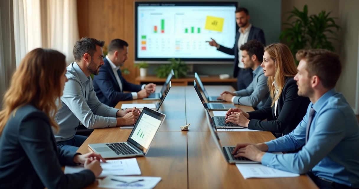 Gestores revisando planejamento e metas em reunião mensal 