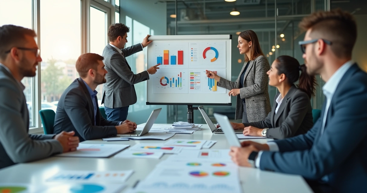 Reunião de equipe revisando planejamento estratégico com gráficos 