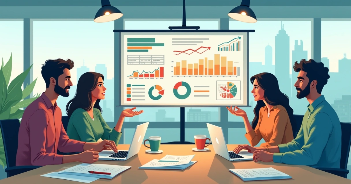 Grupo diverso discutindo um plano financeiro em uma mesa de conferência com gráficos e cindicadores.