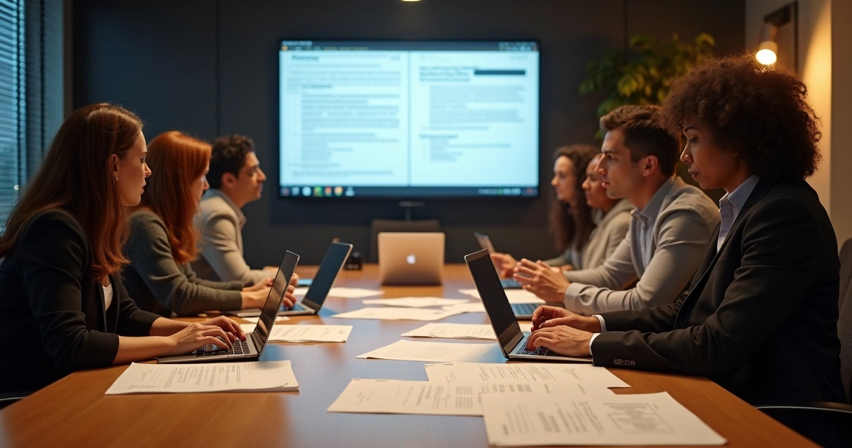 Equipe revisando política de trabalho em mesa de reunião 