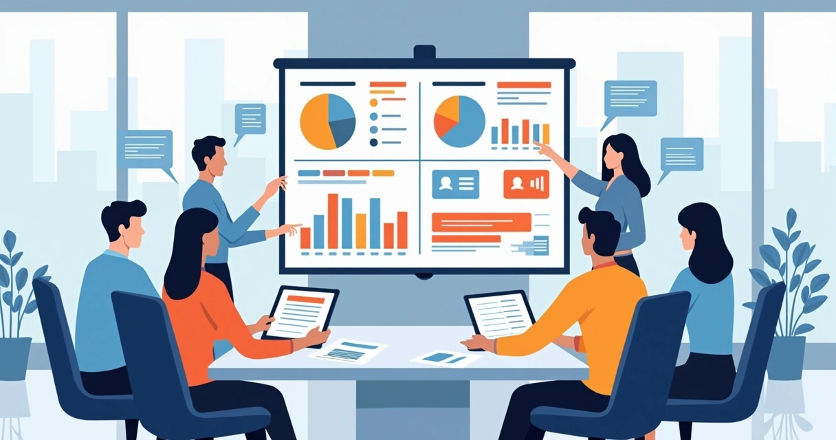 Equipe analisando gráficos e documentos para revisar políticas internas após feedback negativo 