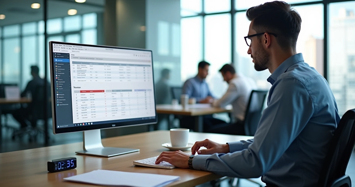 Gestor analisando registros de ponto em planilha computadorizada 