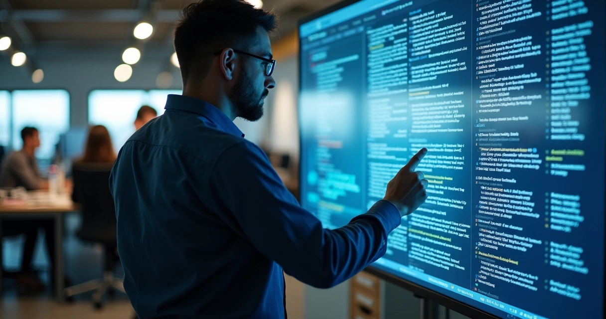 Gestor revisa documento digital de POP em tela, com histórico de versões e colaboradores em foco ao fundo 