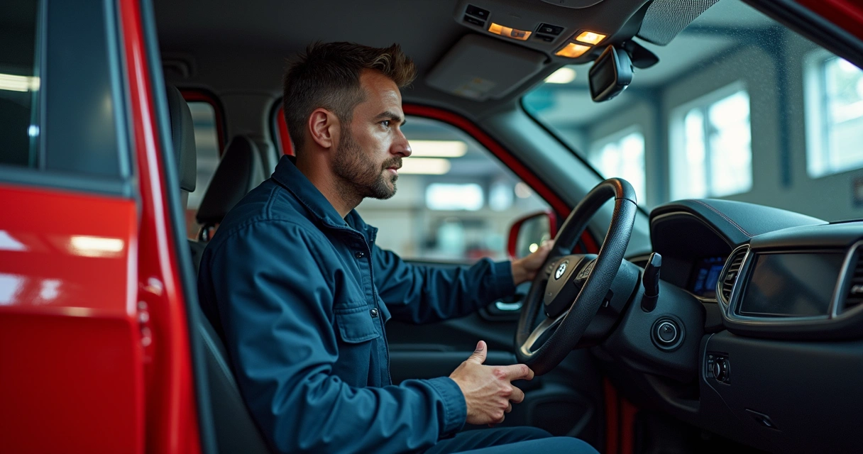 Carro dentro de oficina mecânica com mecânico inspecionando motor aberto com equipamentos de diagnóstico ao redor 