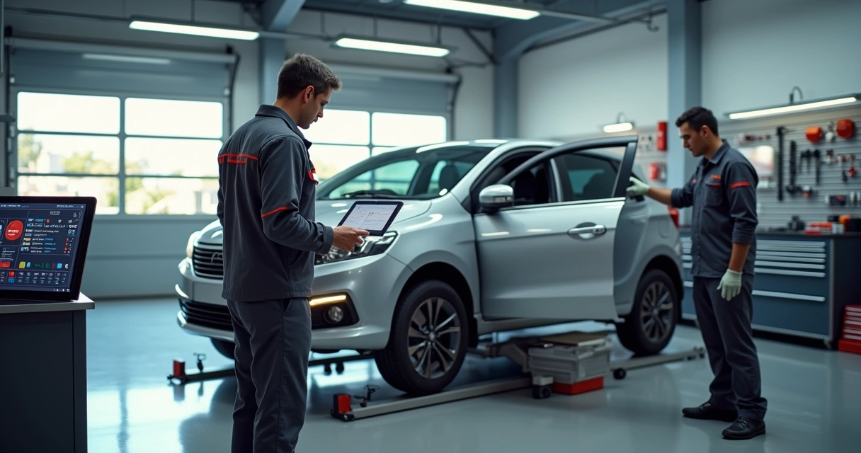 Mecânico mostrando sistema de suspensão de carro em inspeção preventiva em oficina moderna 