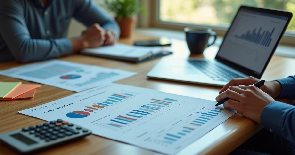 Gestor revisando previsão de vendas com relatórios 