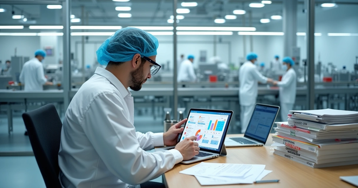 Gestor analisando procedimentos operacionais em indústria de alimentos 