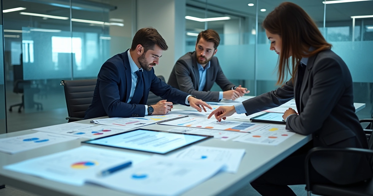 Equipe revisando processos internos com papéis e telas digitais 