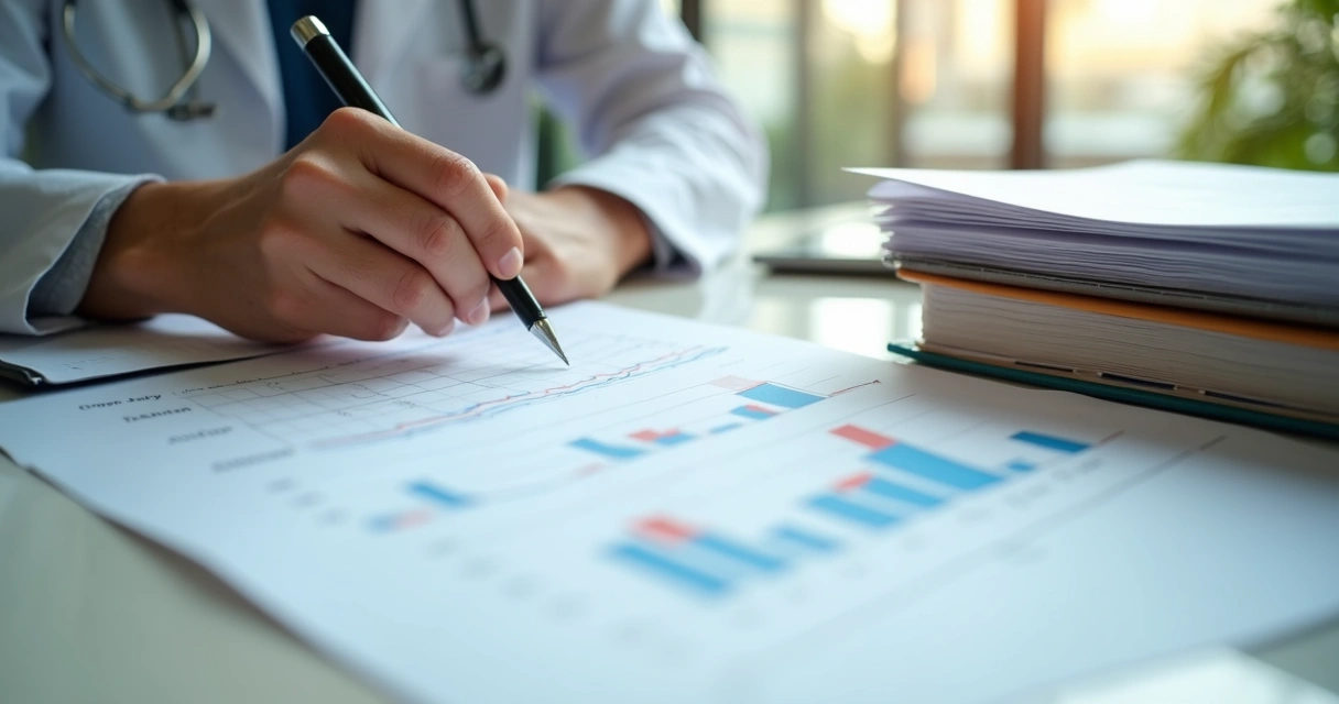 Revisão de prontuário clínico com gráficos e anotações terapêuticas 