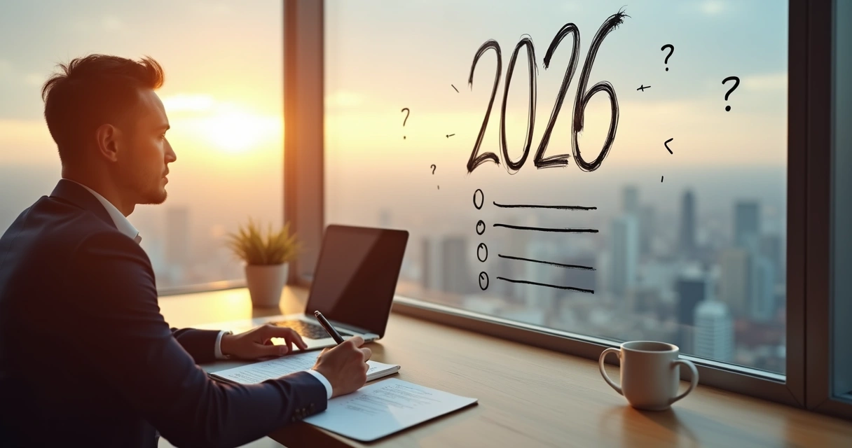 Pessoa refletindo sobre propósito profissional em frente a painel com ano 2026 