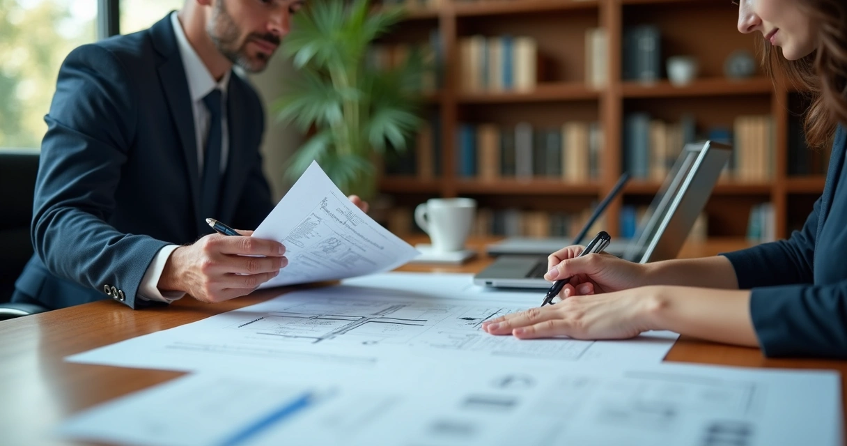 Duas pessoas analisando documentos técnicos em mesa de escritório 