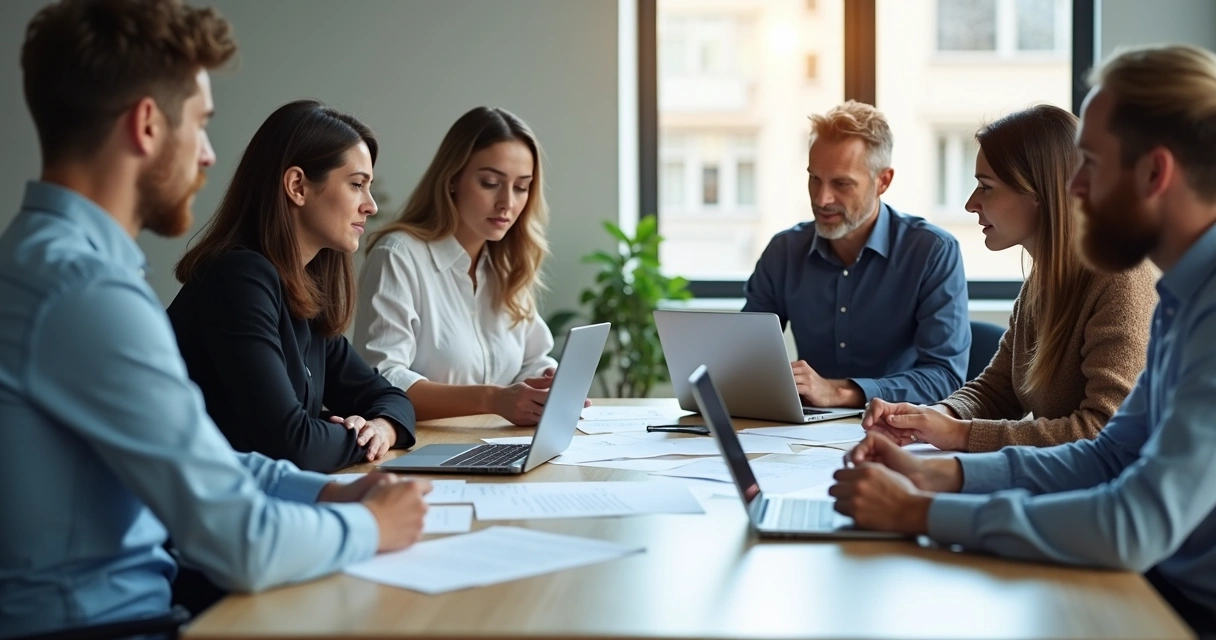 Equipe revisando um questionário em uma mesa 