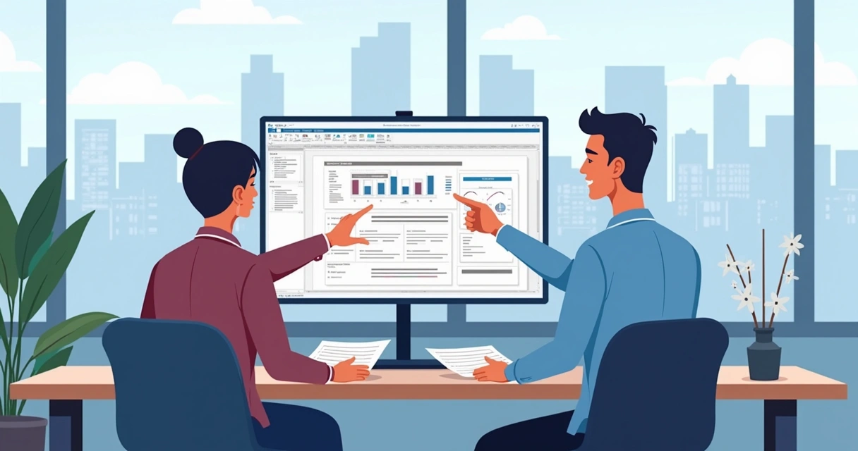 Gestor de projeto revisando requisitos com cliente no escritório 