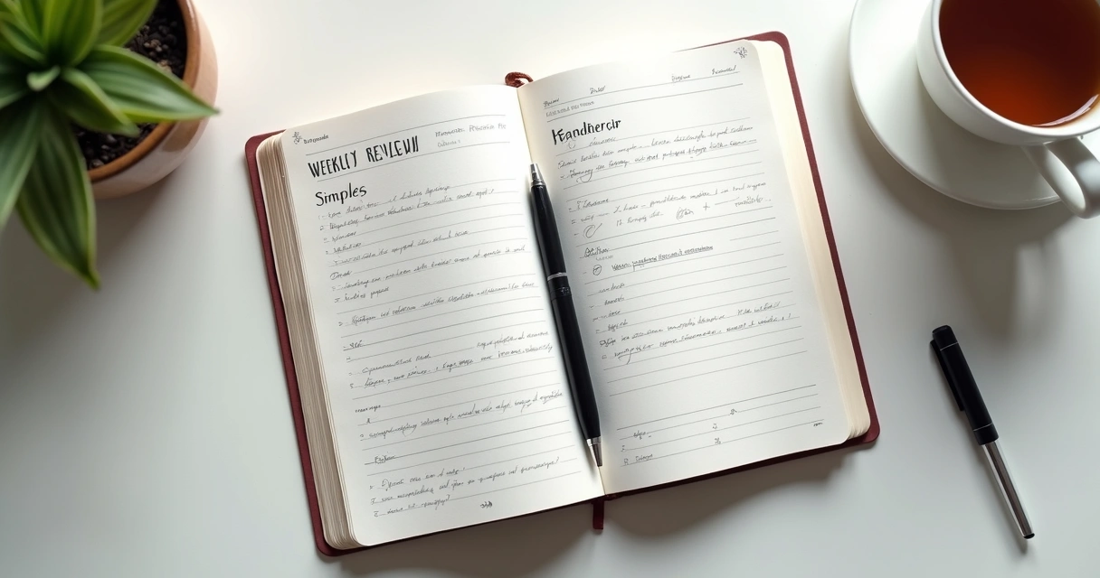 Caderno com revisão semanal e xícara sobre mesa clara 