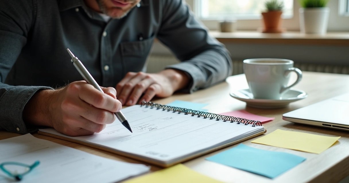 Empresário revisando agenda semanal com lista de tarefas em escritório moderno 