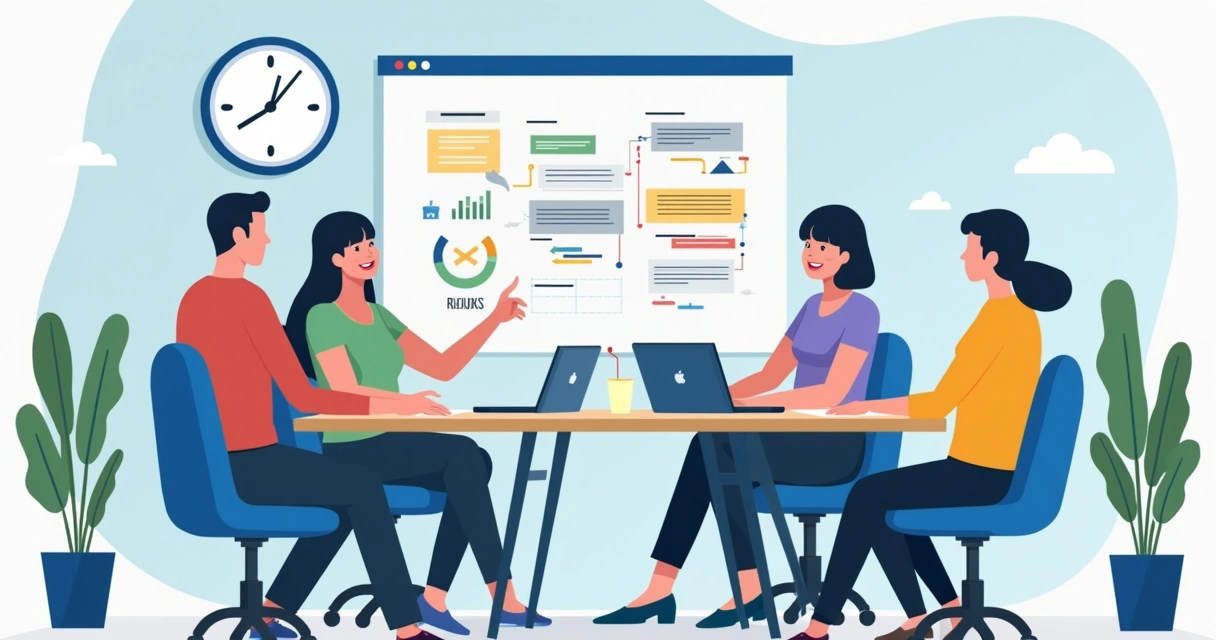 Equipe revisando funil de vendas em uma mesa com vários papéis e laptops