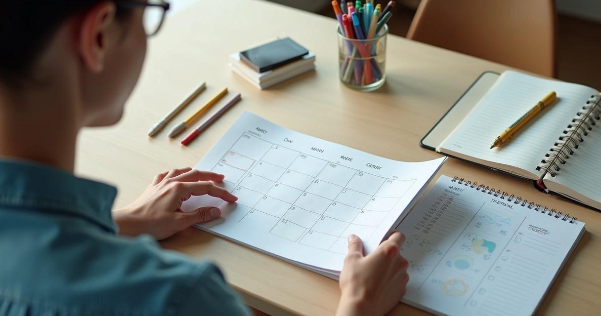 Pessoa revisando anotações semanais com calendário e marcadores