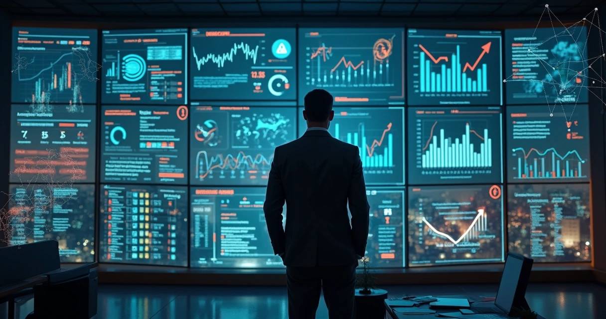 Gestor analisando painel de dados complexo em escritório moderno 