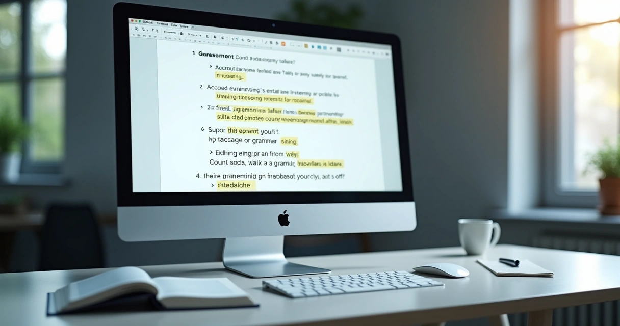 Computador de mesa exibindo texto sendo revisado, com sugestões gramaticais destacadas 