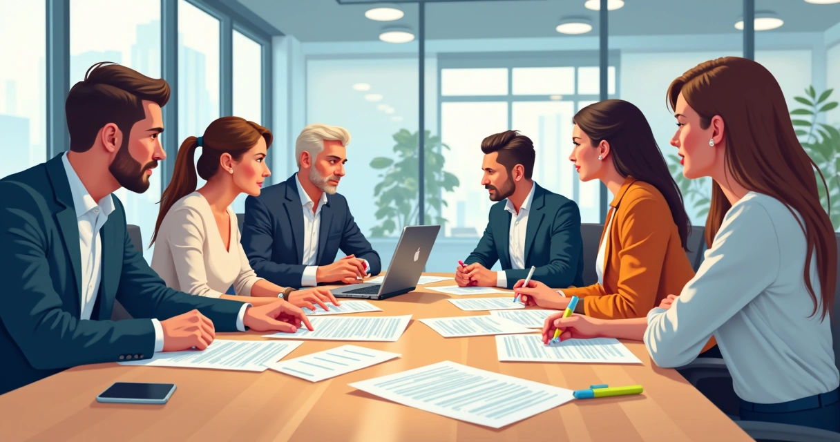 Equipe revisando briefing impresso em mesa retangular 
