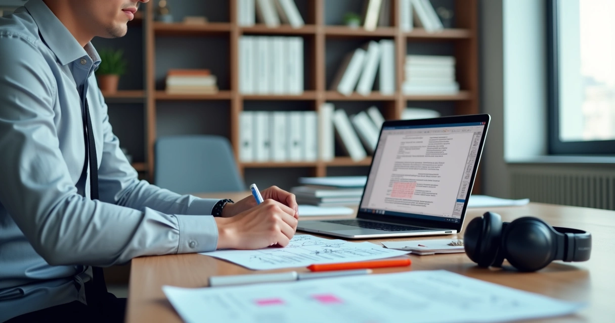 Profissional revisando tradução técnica em notebook com documentos técnicos sobre a mesa 