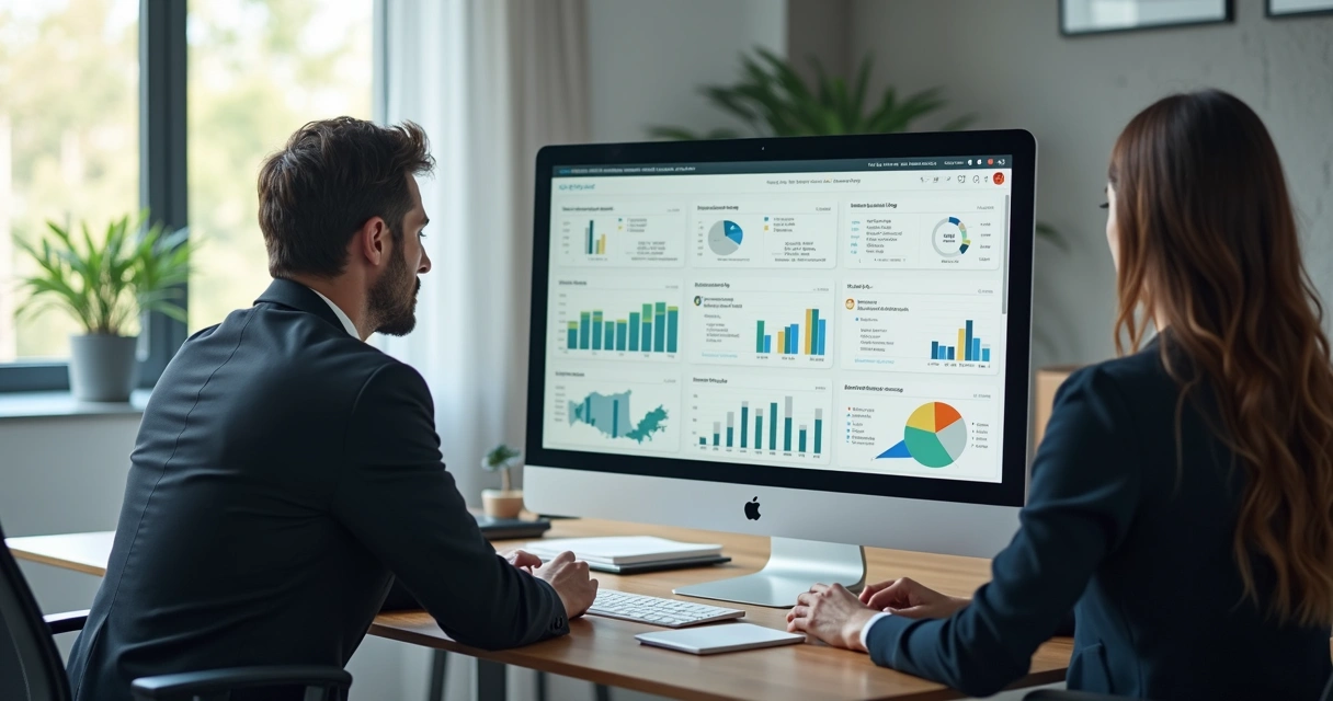 Empresário e contadora analisando gráficos e impostos em tela digital