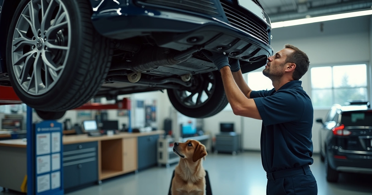 Mecânico inspecionando um carro preto elevado comprovando itens da revisão