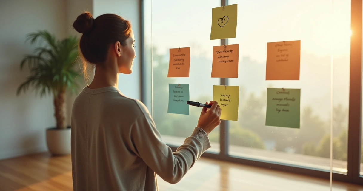 Persona escribe en un mural transparente con siete notas organizadas 