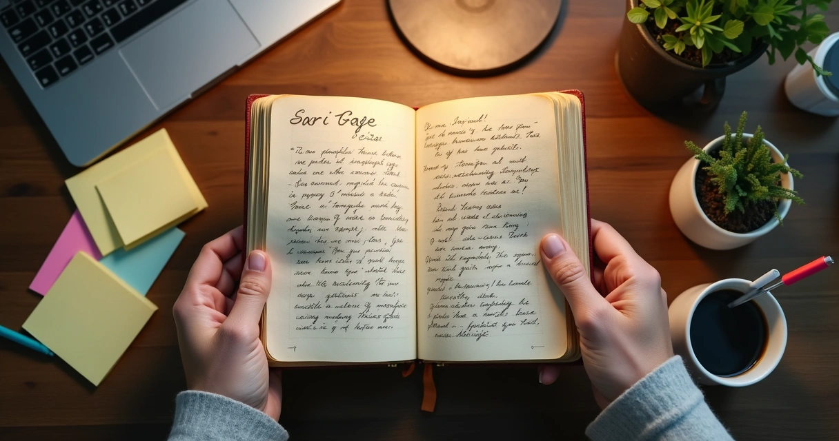 Manos revisando un diario antiguo con notas y dibujos en una mesa 