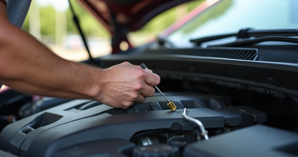 Persona revisando niveles bajo el capó del coche 