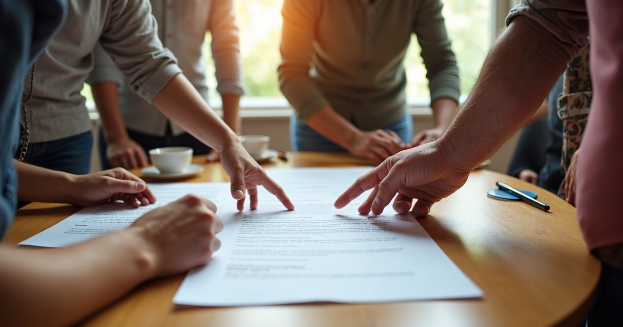 Grupo revisando acuerdos escritos en una mesa redonda 