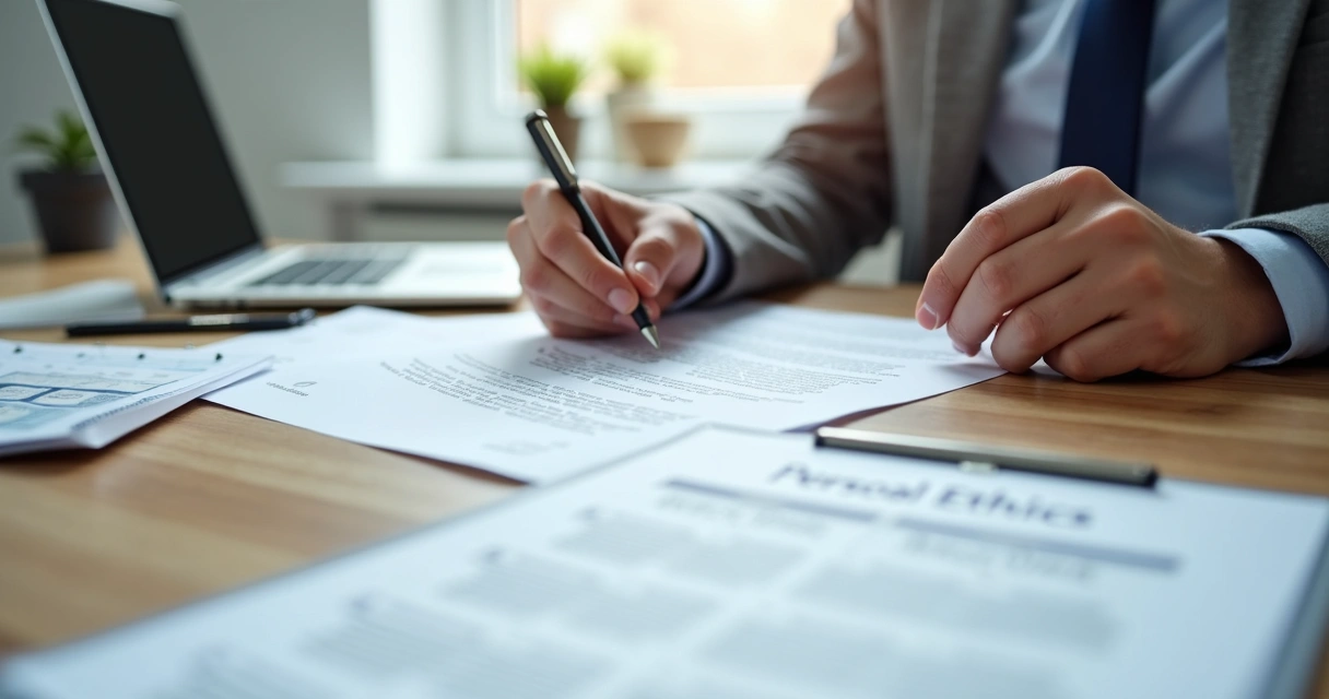 Persona revisando un documento de principios personales con calendario y bolígrafo 