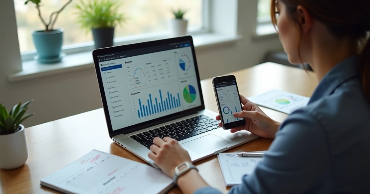Persona revisando contenido para redes en una mesa con móvil y portátil