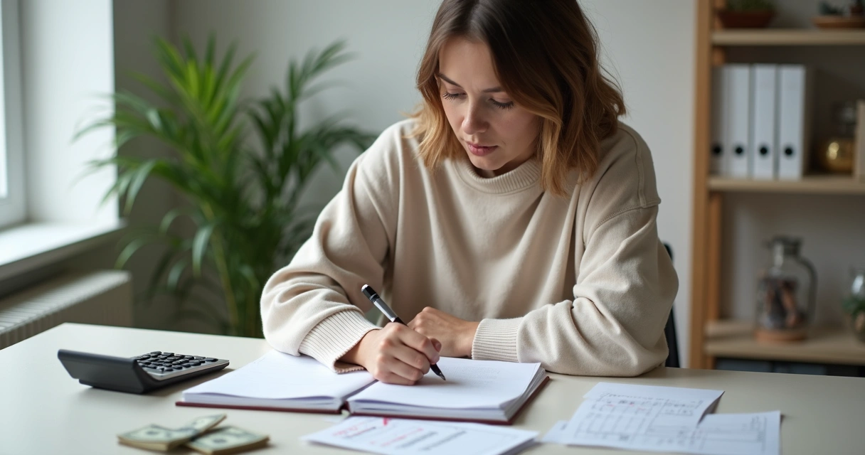 Persona revisando notas financieras frente a una ventana con luz suave