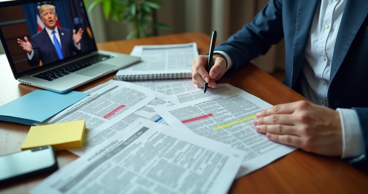 Persona revisando notas de un discurso y titulares impresos en una mesa 