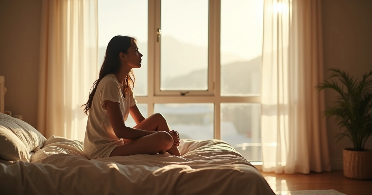 Persona sentada en la cama mirando por una ventana con luz suave de amanecer 
