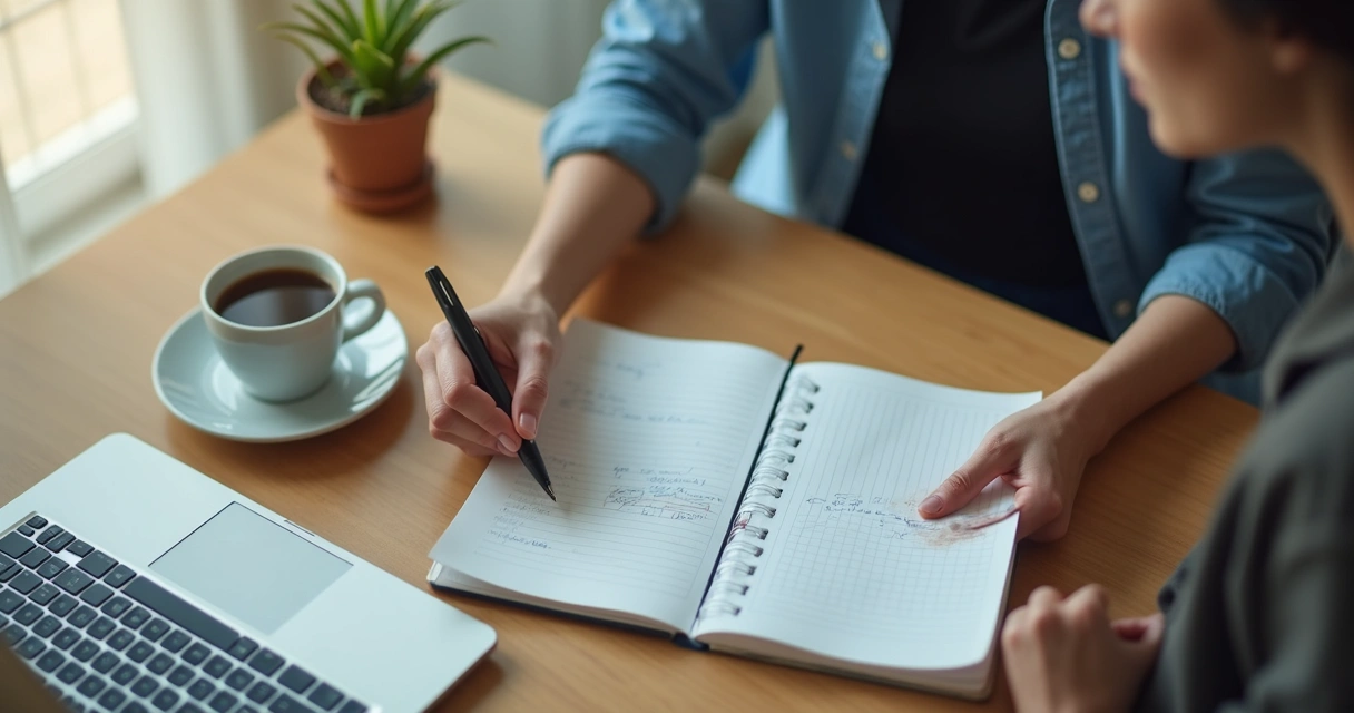 Persona revisando notas frente a un escritorio con lista de decisiones diarias 