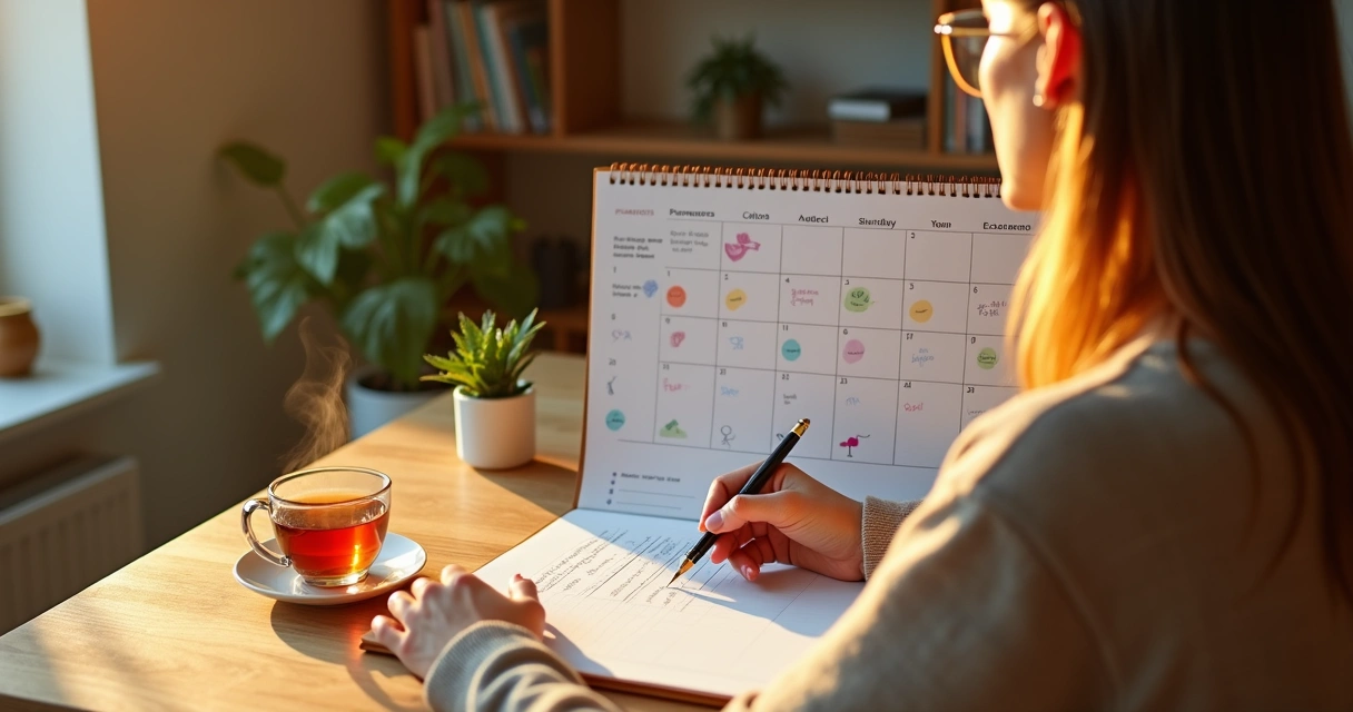 Mujer revisando notas emocionales en un calendario mensual sobre escritorio ordenado 