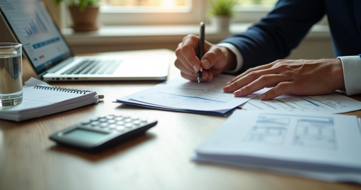 Persona revisando cuentas y notas financieras en un escritorio sobrio 