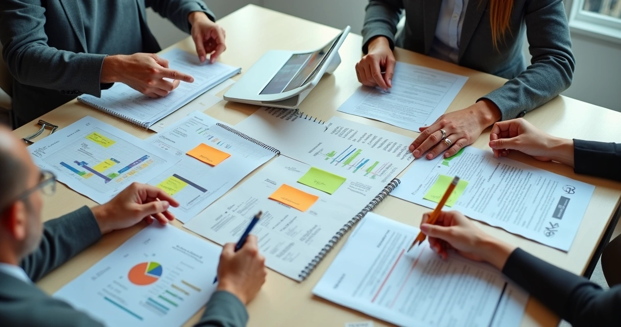 Personas revisando información en mesa con documentos 