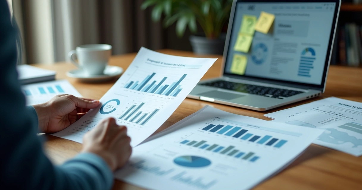 Persona revisando un informe corporativo con gráficos y notas