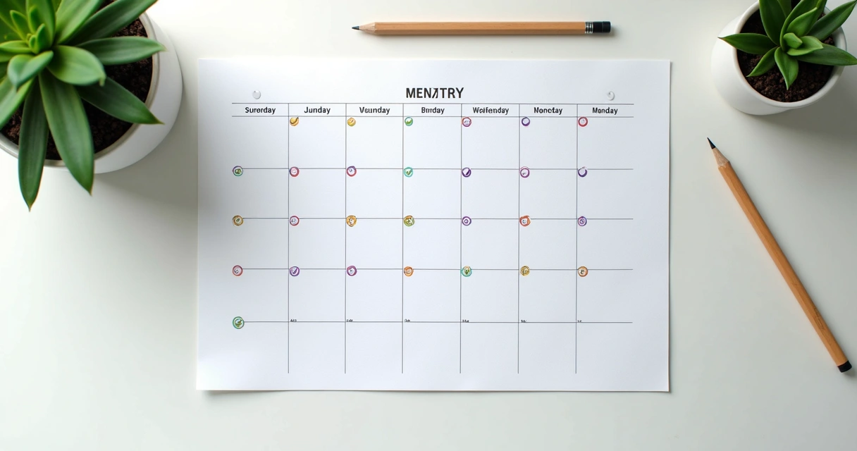 Calendario mensual con marcas de seguimiento y lápiz sobre escritorio 