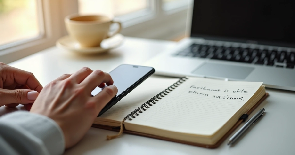 Mano tomando un móvil junto a una libreta en un escritorio