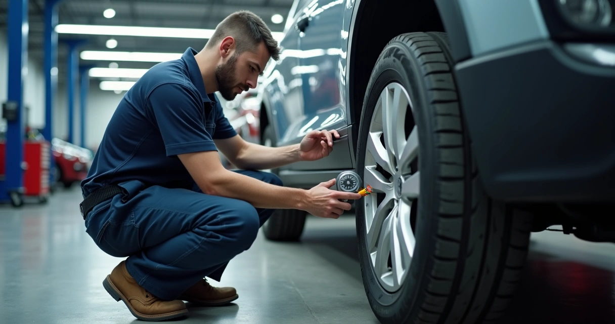 Mecánico revisando neumáticos de un coche en taller iluminado, enfoque en el dibujo de la banda de rodadura 