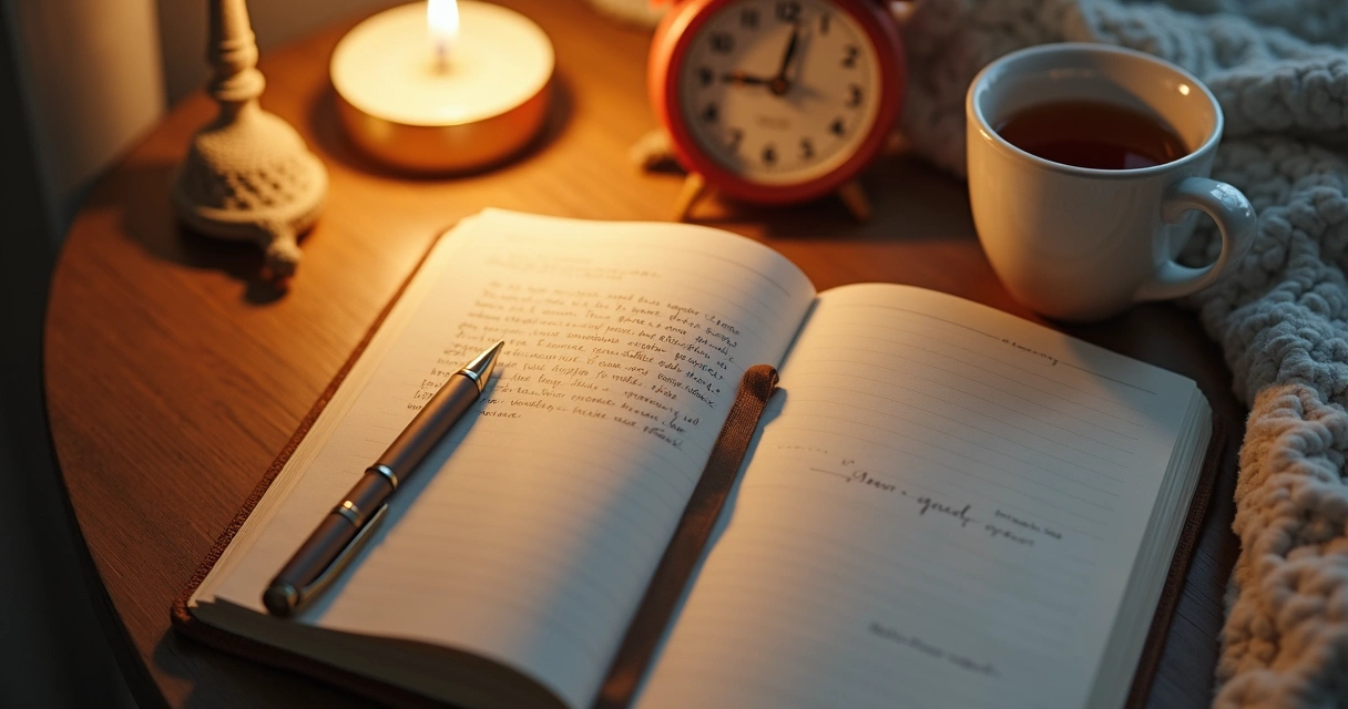 Cuaderno abierto con reflexión nocturna y luz cálida