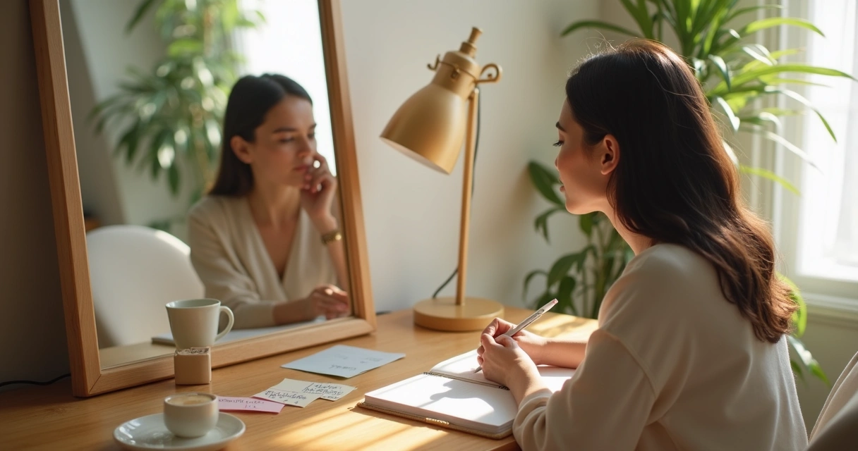 Persona escribiendo frente a un espejo con notas personales