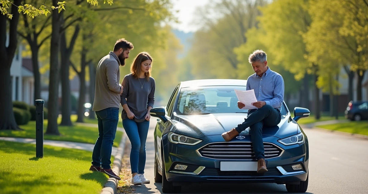 Persona revisando documentos de seguro de auto junto a un coche y familia al fondo 