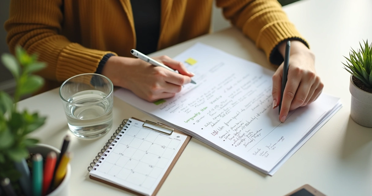 Persona revisando metas semanales en una mesa tranquila 